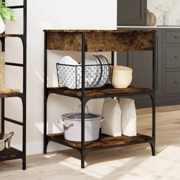 vidaXL Köksö>Köksvagn rökfärgad ek 60x48x89,5 cm konstruerat trä