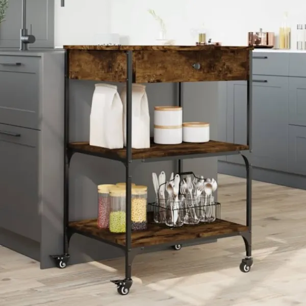 vidaXL Köksö>Köksvagn rökfärgad ek 60x48x89,5 cm konstruerat trä