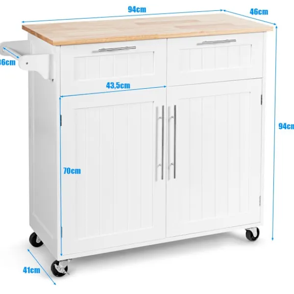 B2X Köksö>Köksvagn rullande serveringsvagn med lådor och skåp 94 x 45,5 x 94,5 cm vit