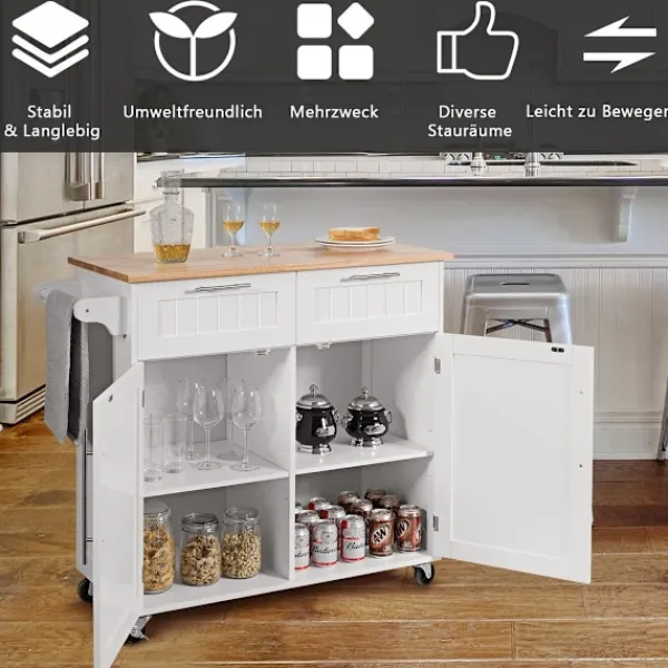 B2X Köksö>Köksvagn rullande serveringsvagn med lådor och skåp 94 x 45,5 x 94,5 cm vit