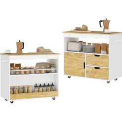 Northio Köksö>Köksvagn serveringsvagn med bänkskiva, lådor, vagn med köksskåp med soft close dörr, handtag, köksö med öppet fack för kontor, 107x50x85cm, ek