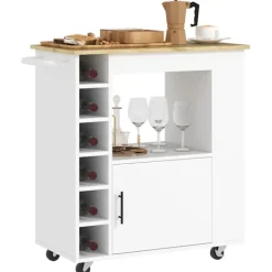 Northio Köksö>Köksvagn serveringsvagn med bänkskiva, hyllor, vinställ, köksskåpvagn med mjukstängande gångjärn, handtag, köksö för kontor, 83x40x83cm, ek