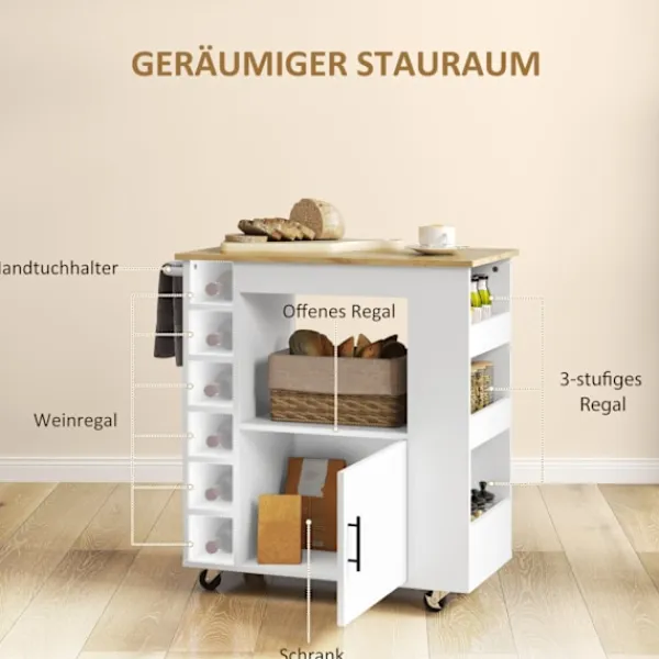 Northio Köksö>Köksvagn serveringsvagn med bänkskiva, hyllor, vinställ, köksskåpvagn med mjukstängande gångjärn, handtag, köksö för kontor, 83x40x83cm, ek