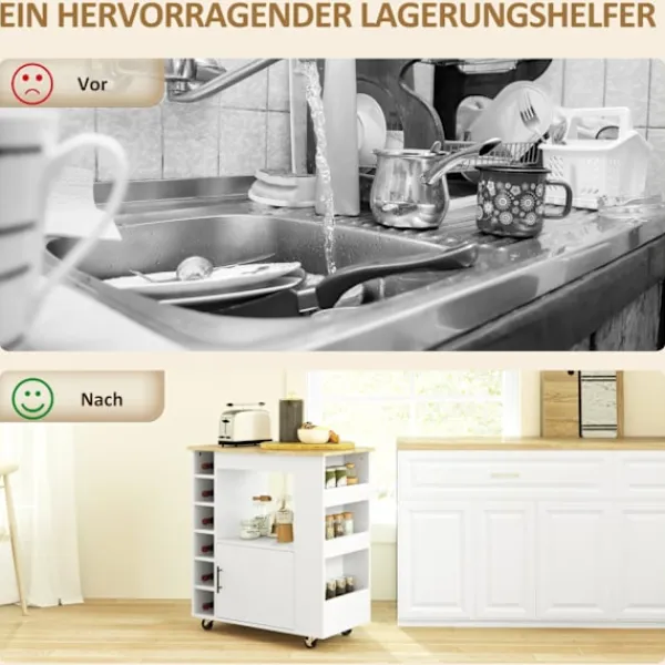 Northio Köksö>Köksvagn serveringsvagn med bänkskiva, hyllor, vinställ, köksskåpvagn med mjukstängande gångjärn, handtag, köksö för kontor, 83x40x83cm, ek