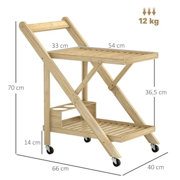 Northio Köksö>Köksvagn Serveringsvagn med vinställ Bänkskiva 2-våningsvagn för kontor Kök Vardagsrum 66 x 40 x 70 cm Bambu Natur Aosom