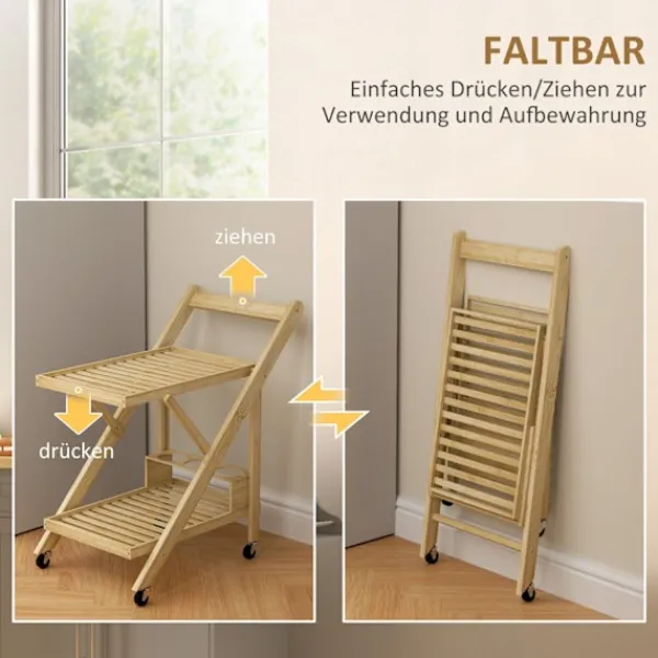 Northio Köksö>Köksvagn Serveringsvagn med vinställ Bänkskiva 2-våningsvagn för kontor Kök Vardagsrum 66 x 40 x 70 cm Bambu Natur Aosom