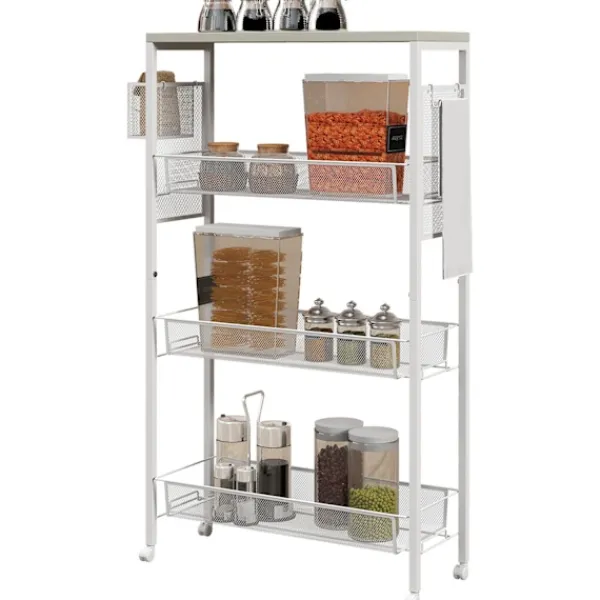 Northio Köksö>Köksvagn Serveringsvagn Med 3 Nivåer, Korg, Bänkskiva, Krokar, Stål, 58X18,5X87 Cm, Vit