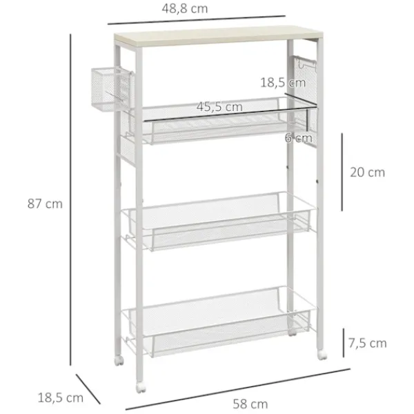 Northio Köksö>Köksvagn Serveringsvagn Med 3 Nivåer, Korg, Bänkskiva, Krokar, Stål, 58X18,5X87 Cm, Vit