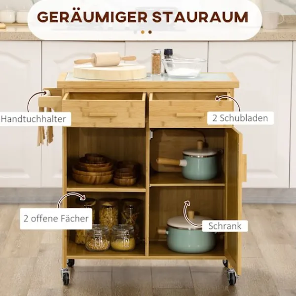 Northio Köksö>Köksvagn Serveringsvagn Med Låda, Skåp, Öppna Hyllor, Handdukshylla, Bänkskiva, Bambu, Natur