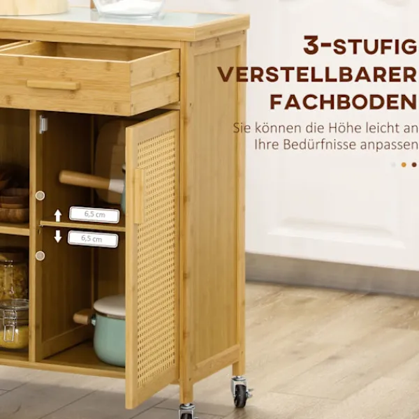 Northio Köksö>Köksvagn Serveringsvagn Med Låda, Skåp, Öppna Hyllor, Handdukshylla, Bänkskiva, Bambu, Natur