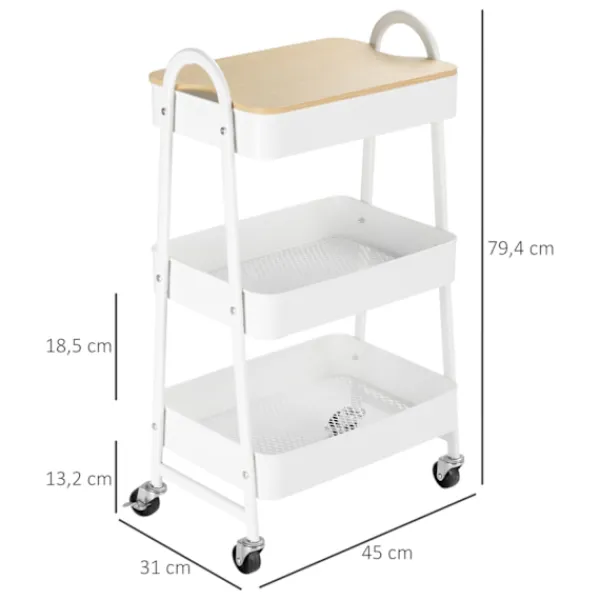Northio Köksö>Köksvagn 3-Vånings Metallvagn Med Stort Förvaringsutrymme Och Lock, För Kök Och Kontor, Stål, Vit, 45X31X79,4Cm