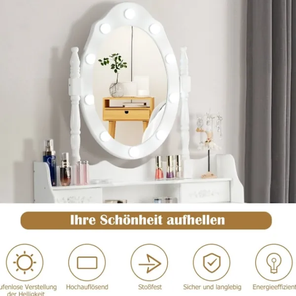 Northix Sminkbord>Klassiskt sminkbordsset med pall LED-lampor kosmetikabord 75 x 40 x 146 cm vit