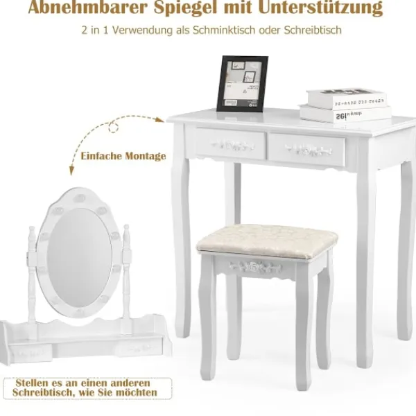Northix Sminkbord>Klassiskt sminkbordsset med pall LED-lampor kosmetikabord 75 x 40 x 146 cm vit