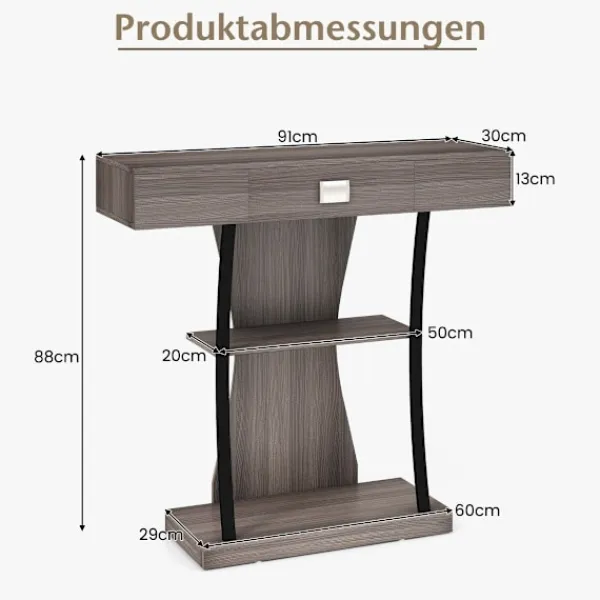 Northio Småbord>Konsolbord i trä med lådor & metallstomme & 2 hyllor & tippskydd grå