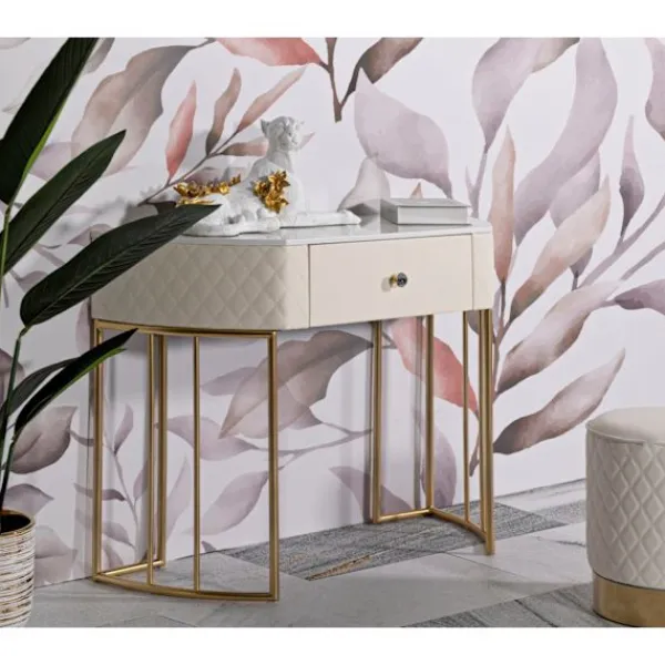 B2X Sminkbord>Konsolbord, quiltat konstläder, guldfärgade ben, 100x40x75 cm