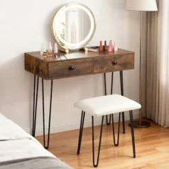COSTWAY Sminkbord>Kostvägen Huvudbord och Pall, Justerbar Belyst Spegel, Inbyggd Laddstation, 2 Lådor, Metallben, Idealisk Present