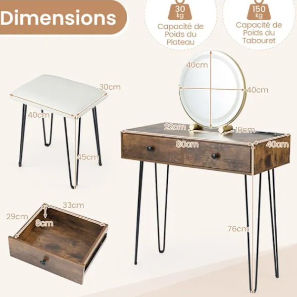 COSTWAY Sminkbord>Kostvägen Huvudbord och Pall, Justerbar Belyst Spegel, Inbyggd Laddstation, 2 Lådor, Metallben, Idealisk Present