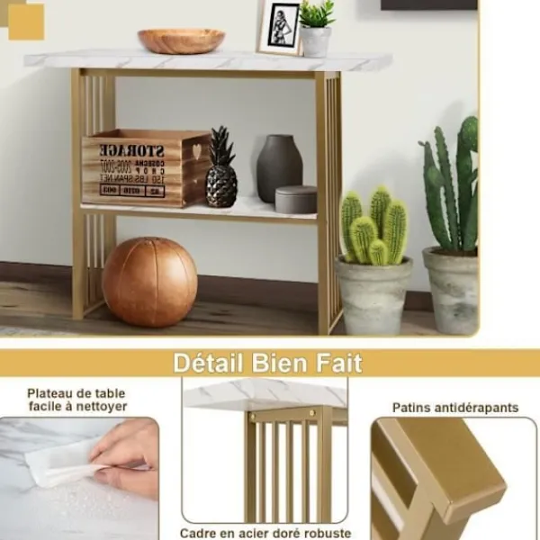 COSTWAY Småbord>KOSTWAY Marmor Effekt Entrekonsolbord - 2 Nivåer 120 x 29,5 x 92,5 cm (L x B x H) metallram - Skandinavisk Stil