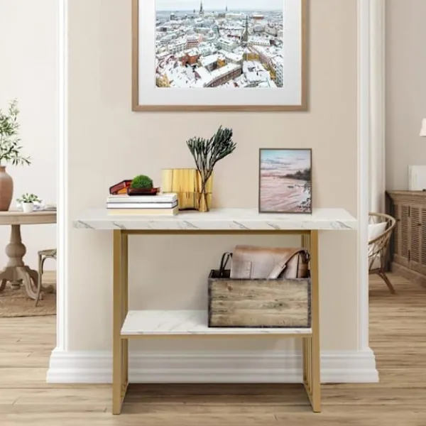 COSTWAY Småbord>KOSTWAY Marmor Effekt Entrekonsolbord - 2 Nivåer 120 x 29,5 x 92,5 cm (L x B x H) metallram - Skandinavisk Stil