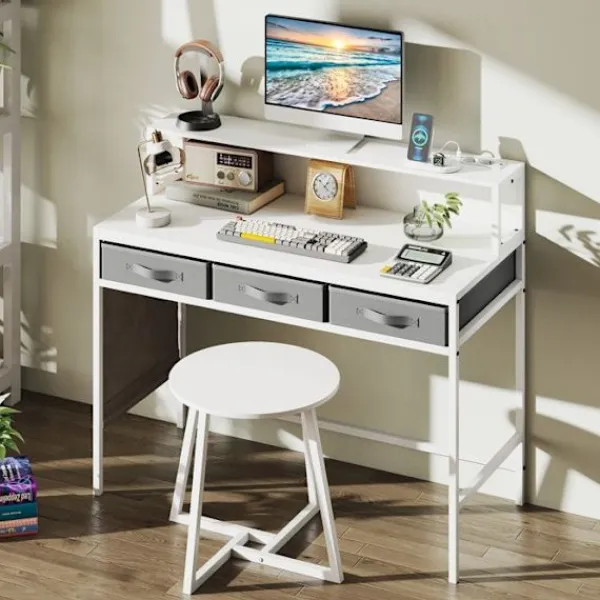 COSTWAY Sminkbord>Kostway Sminkbord och Pall, Inbyggd Laddstation, 3 F fabriclådor, Sidosfickor, Skärmstöd,