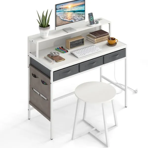 COSTWAY Sminkbord>Kostway Sminkbord och Pall, Inbyggd Laddstation, 3 F fabriclådor, Sidosfickor, Skärmstöd,