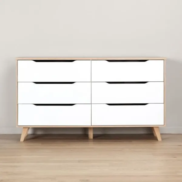 Byråer>6-lådors byrå - I spånskiva - Ek och vit dekor - Modern - L 154 x D 42 x H 86 cm