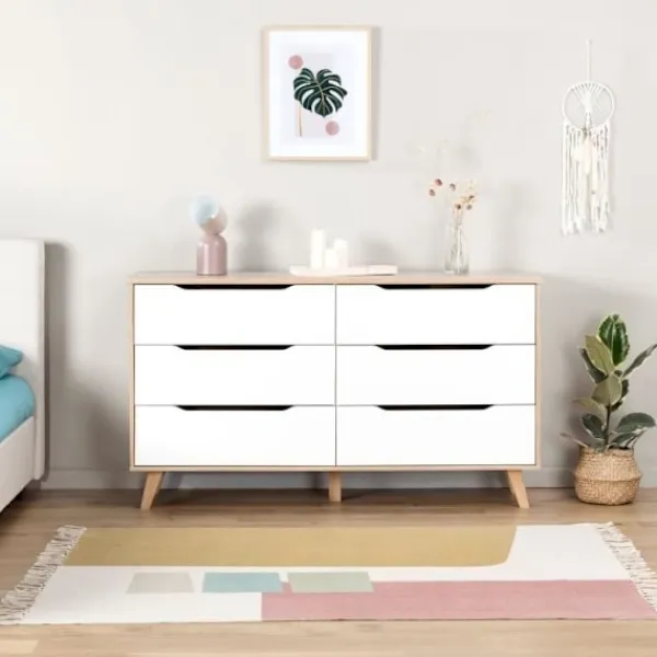 Byråer>6-lådors byrå - I spånskiva - Ek och vit dekor - Modern - L 154 x D 42 x H 86 cm