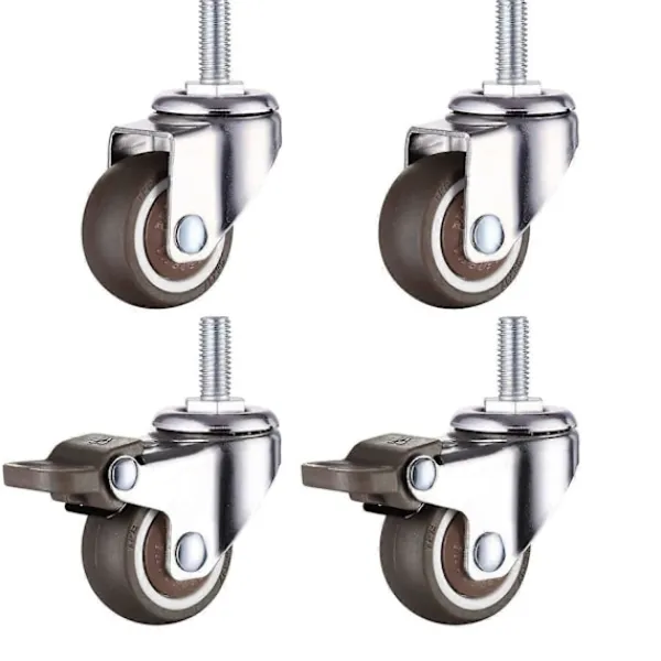 Balkongmöbler>M10 Svängbara Hjul med Broms - Kraftiga Svängbara Gummihjul - Gängdiameter: 10mm, Längd: 25mm - Set med 2 Hjul med Broms + 2 Hjul utan