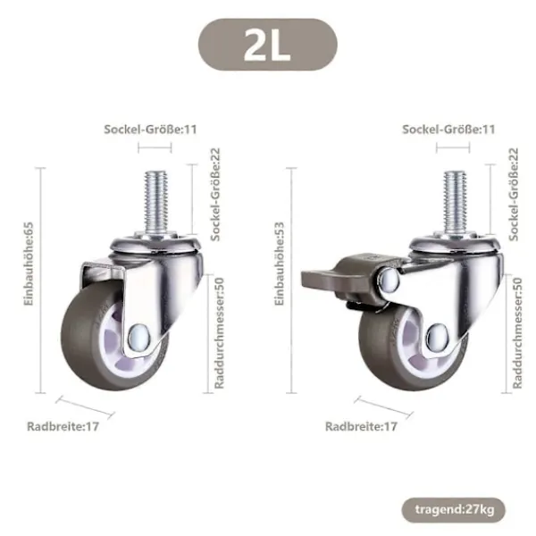 Balkongmöbler>M10 Svängbara Hjul med Broms - Kraftiga Svängbara Gummihjul - Gängdiameter: 10mm, Längd: 25mm - Set med 2 Hjul med Broms + 2 Hjul utan