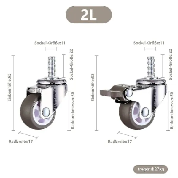 Balkongmöbler>M10 Vridbara Hjul Med Broms, Tunga Gummisvänghjul, Arbetsbord, Möbelhjul, Gängdiameter: 10mm, Längd 25mm, 2 Med Bromsar + 2