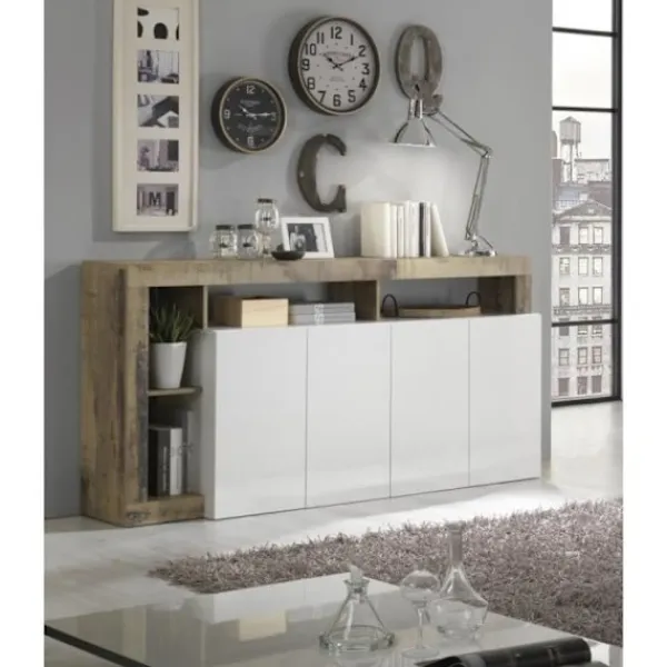 MAESTRO Sideboards>skänk - Spånskiva - Vintage träeffekt och vitlackerad - 4 dörrar - L 184 x D 42 x H 93 cm