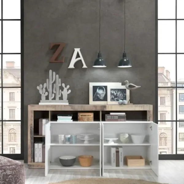 MAESTRO Sideboards>skänk - Spånskiva - Vintage träeffekt och vitlackerad - 4 dörrar - L 184 x D 42 x H 93 cm