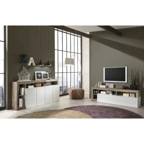 MAESTRO Sideboards>skänk - Spånskiva - Vintage träeffekt och vitlackerad - 4 dörrar - L 184 x D 42 x H 93 cm