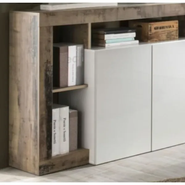 MAESTRO Sideboards>skänk - Spånskiva - Vintage träeffekt och vitlackerad - 4 dörrar - L 184 x D 42 x H 93 cm