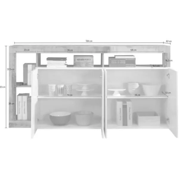 MAESTRO Sideboards>skänk - Spånskiva - Vintage träeffekt och vitlackerad - 4 dörrar - L 184 x D 42 x H 93 cm