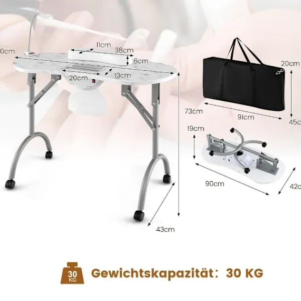 B2X Sminkbord>Manikyrbord hopfällbart nagelbord med elektrisk dammsamlare manikyrbord marmor ser vit ut