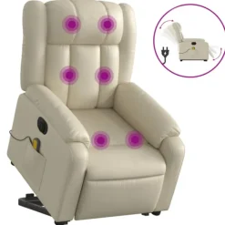 vidaXL Fåtöljer>Massagefåtölj med uppresningshjälp gräddvit konstläder