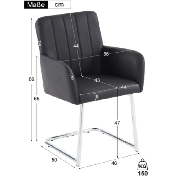 Matgrupper>Matsalsstolar, Set om 4, med vertikala ränder, klädd fåtölj i konstläder med sicksackben i metall, svart