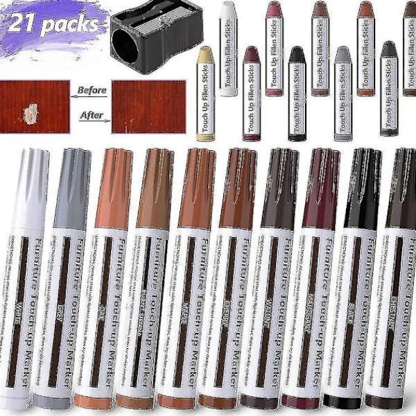Stolar>Möbelreparationsset, 21-pack träfyllmedel, trälagningspenna, möbelreparationsmarkör och vaxstift med vässarkit