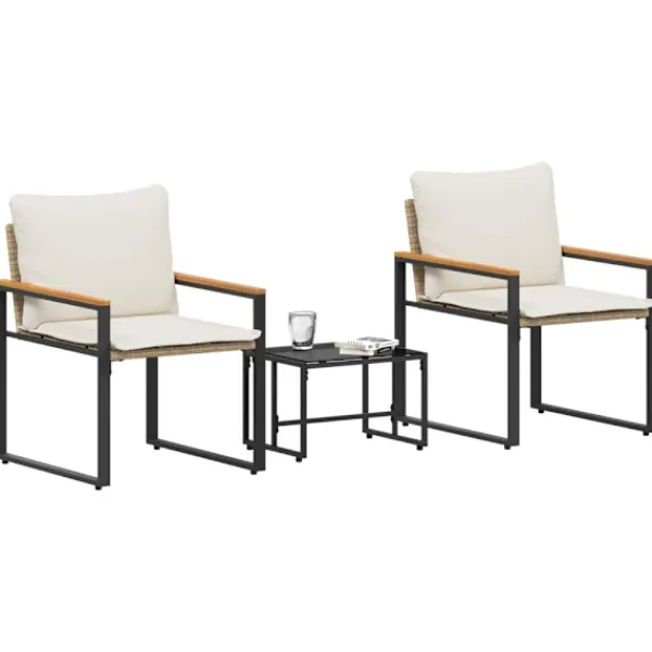 vidaXL Balkongmöbler>Möbelset med kudde 3 pcs Beige och krämvit Rotting