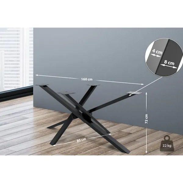 BellaFurn Matbord>Mikado bordsben - chassi - högkvalitetsstål med golvskydd för optimalt skydd | Färg: Industrial Black | Storlek: 160x80x72 cm
