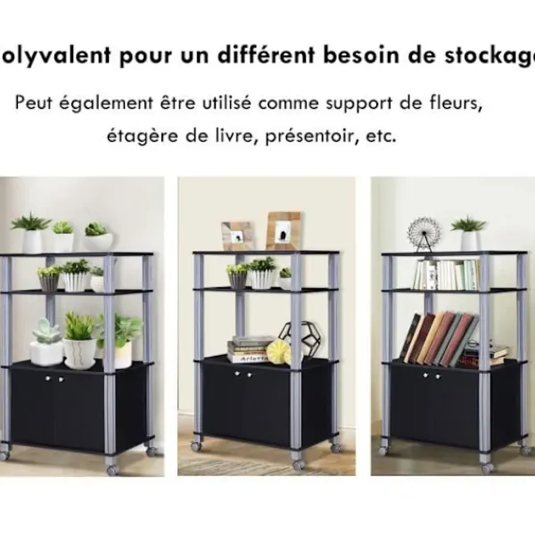 Köksö>Mikrovågsskåp Träugn Kökshylla med 3 lager Hjul 60 x 40 x 98 CM Svart