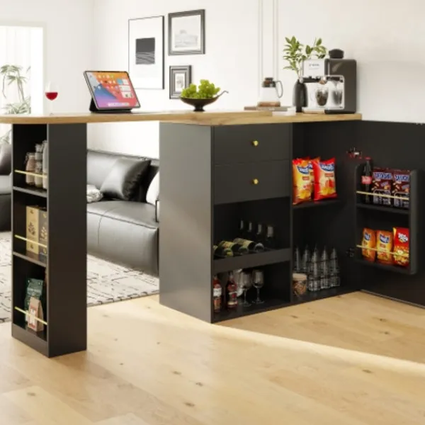 Köksö>Modern 360° vridbart barbord (105 cm) – Med 2 lådor, skjutdörr & öppen förvaringsyta