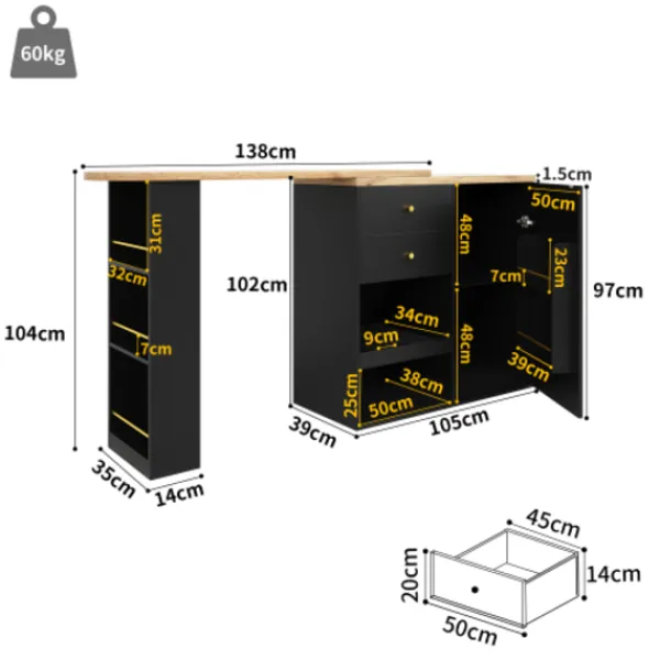 Köksö>Modern 360° vridbart barbord (105 cm) – Med 2 lådor, skjutdörr & öppen förvaringsyta