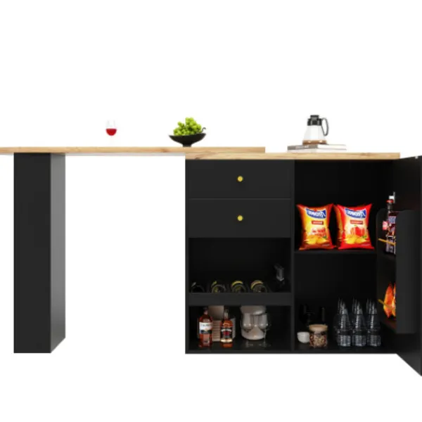 Köksö>Modern 360° vridbart barbord (105 cm) – Med 2 lådor, skjutdörr & öppen förvaringsyta