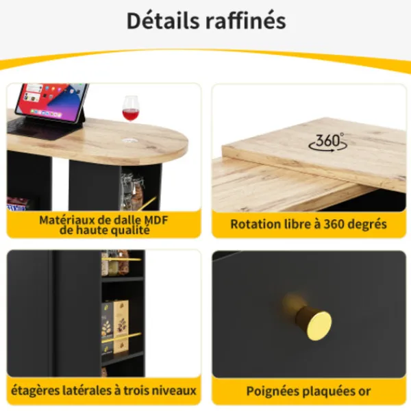 Köksö>Modern 360° vridbart barbord (105 cm) – Med 2 lådor, skjutdörr & öppen förvaringsyta