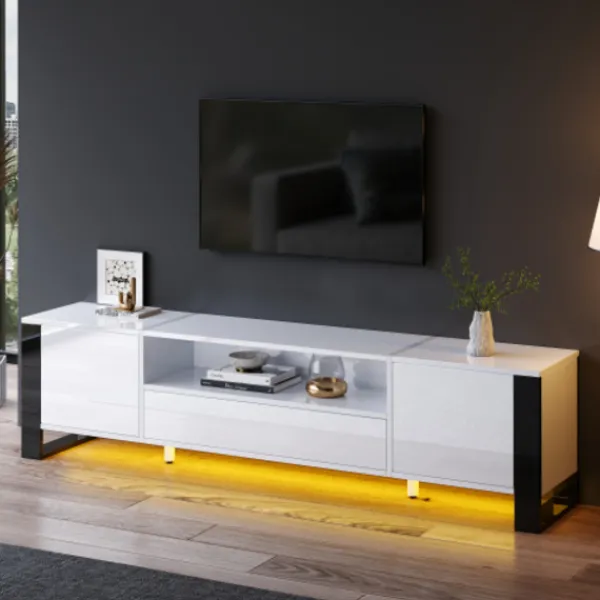 Tv-Bänkar>Modern högglansig vit TV-bänk med LED-belysning och förvaringsutrymme 178 cm, för upp till 70 tums TV-apparater
