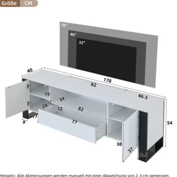Tv-Bänkar>Modern högglansig vit TV-bänk med LED-belysning och förvaringsutrymme 178 cm, för upp till 70 tums TV-apparater