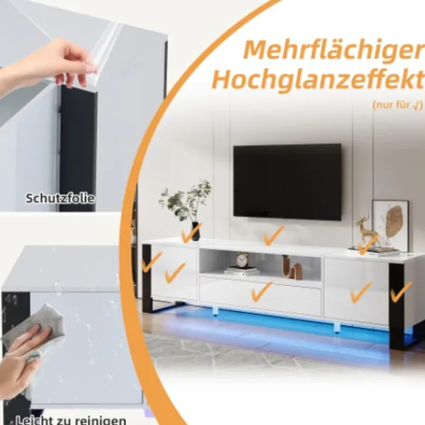 Tv-Bänkar>Modern högglansig vit TV-bänk med LED-belysning och förvaringsutrymme 178 cm, för upp till 70 tums TV-apparater