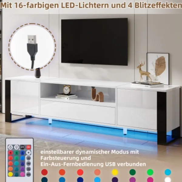 Tv-Bänkar>Modern högglansig vit TV-bänk med LED-belysning och förvaringsutrymme 178 cm, för upp till 70 tums TV-apparater